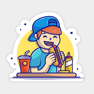 Happy Man Holding and Eating Hotdog with French Fries, Soda, and Mustard Cartoon Vector Icon Illustration Sticker